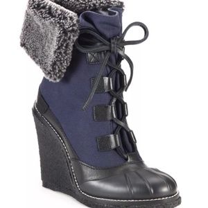 Tory Burch Fairfax Black/Navy Wedge Boots Size 7